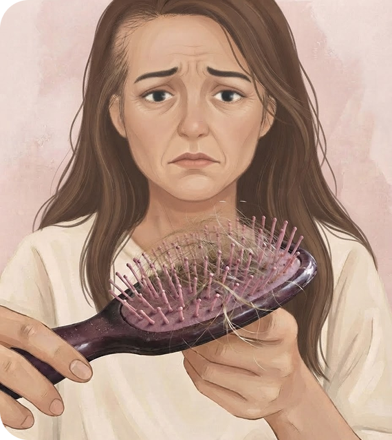 Woman holding a hairbrush with shed hair