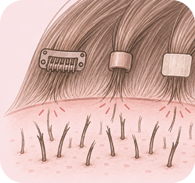Broken hairs underneath clips, bonds or adhesive
